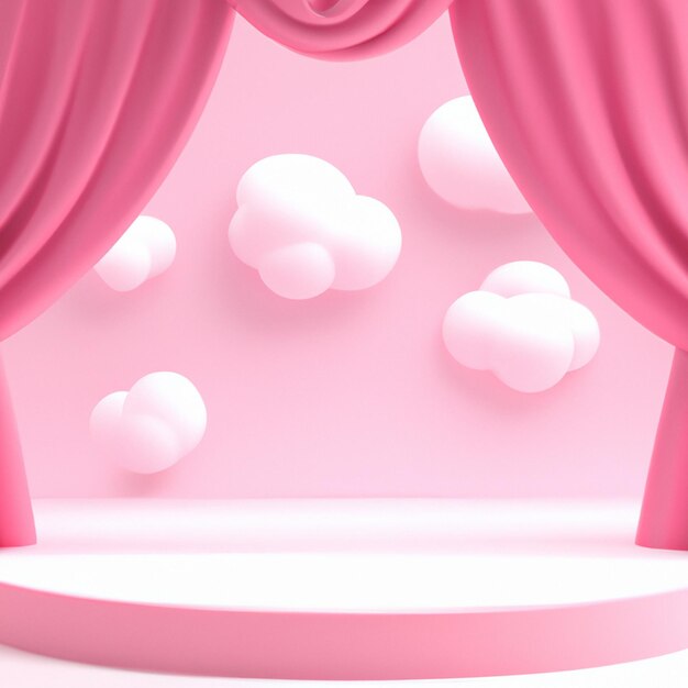 3d pink white pastel podium pedestal with pink satin and cloud create with generative ai technology.