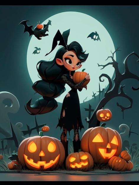 3d pixar girl vampire halloween with pumpkin