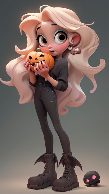 3d pixar girl vampire halloween with pumpkin