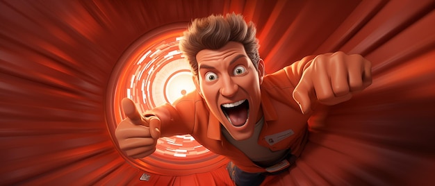 Photo 3d pixar rendering of david hasselhoff pushing a big red turbo boost button