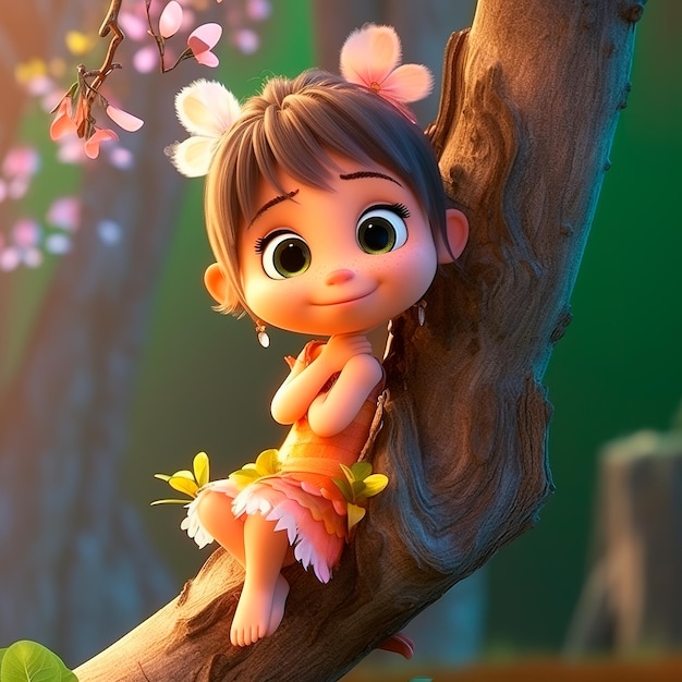 3d pixar style cute fairy photo with flowers