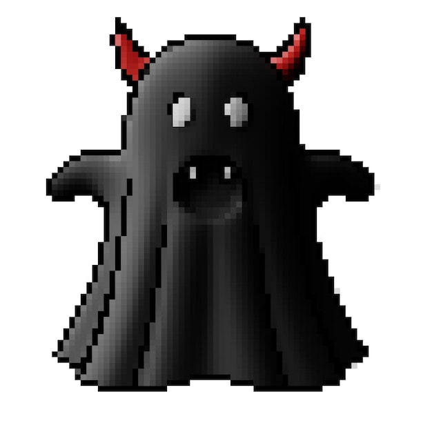 3d pixel style scary black ghost with fangs and red horn floating halloween decorative design theme