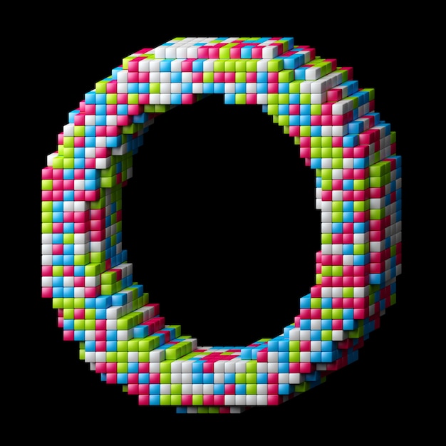 3d pixelated alphabet. Letter O made of glossy cubes isolated on black.