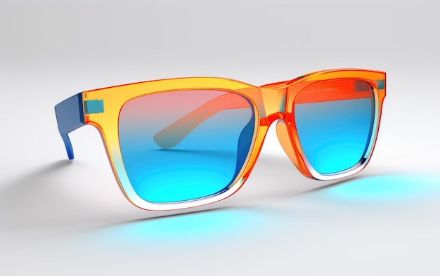 白い背景に反射する3Dプラスチックの子供用メガネ