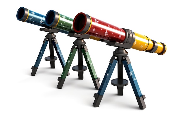 3d plastic telescopes focused on white background