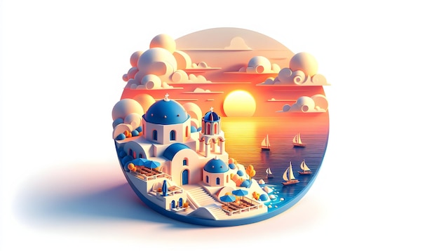 3d plat icoon als Santorini Sunsets Griekenland Santorini waar zonsondergangen schilderen de hemel boven iconische blauwe dom