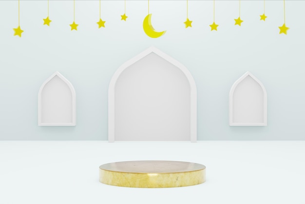 파란색 배경 별과 초승달 모양의 흰색 라마단 카림 이드 및 이슬람이 포함된 3d 플랫폼 골드