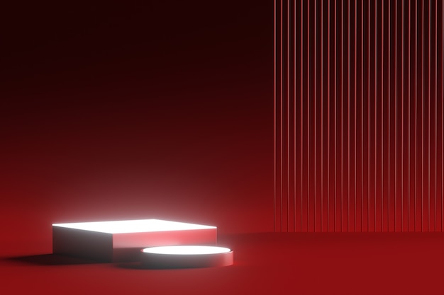 赤い背景の3Dプラットフォーム。パフォーマンスやプレゼンテーションのための表彰台。空の台座。 3Dレンダリング