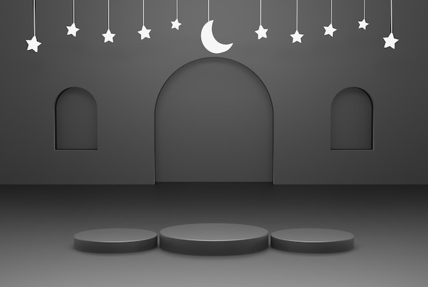 3d Platform with black background star and crescent white color ramadan kareemeid and islamic