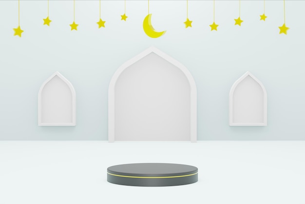 青い背景の星と三日月の白い色のラマダン カリーム イードとイスラムの 3 d プラットフォーム