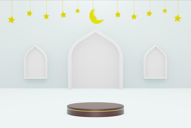 Photo 3d platform with blue background star and crescent white color ramadan kareem eid and islamic