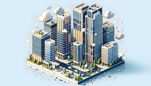 3d platte icoon als High Rise Views Met het indrukwekkende uitzicht op het stadsgezicht van kantoorgebouwen in