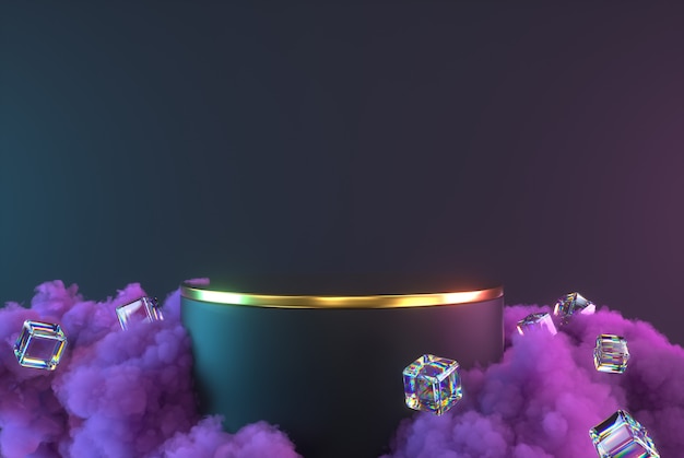紫色の雲、光沢のある立方体、台座を備えた3D表彰台の抽象的な最小限のシーン。