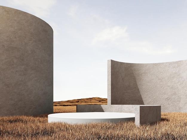 3d podium background stand on natural dry grass natural pedestal in pastel beige colors