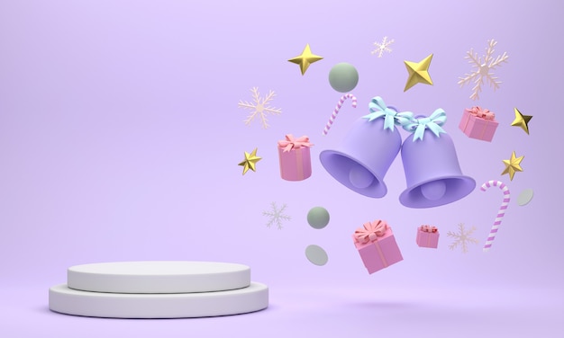 3D Podium on Christmas celebrations consisting of bells gift boxes snowflakes