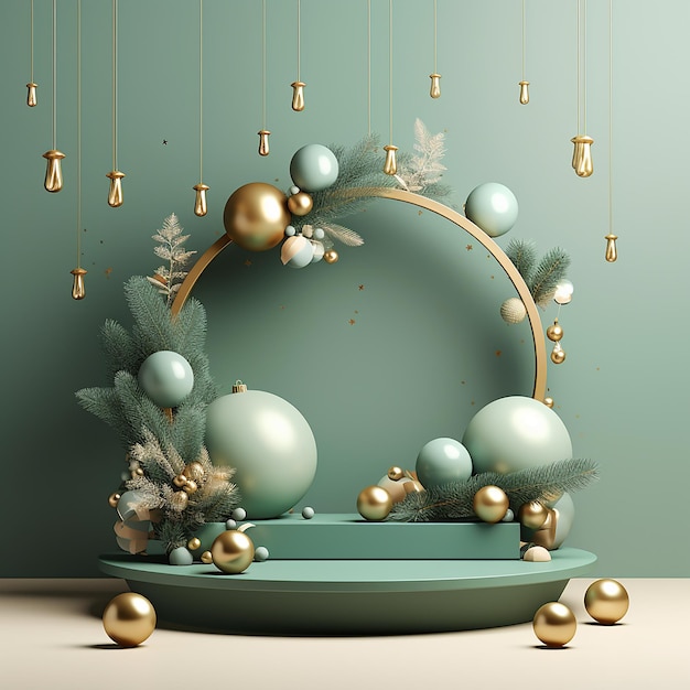 3D podium Christmas display Pastel green background Gold Christmas ornament on tree branch