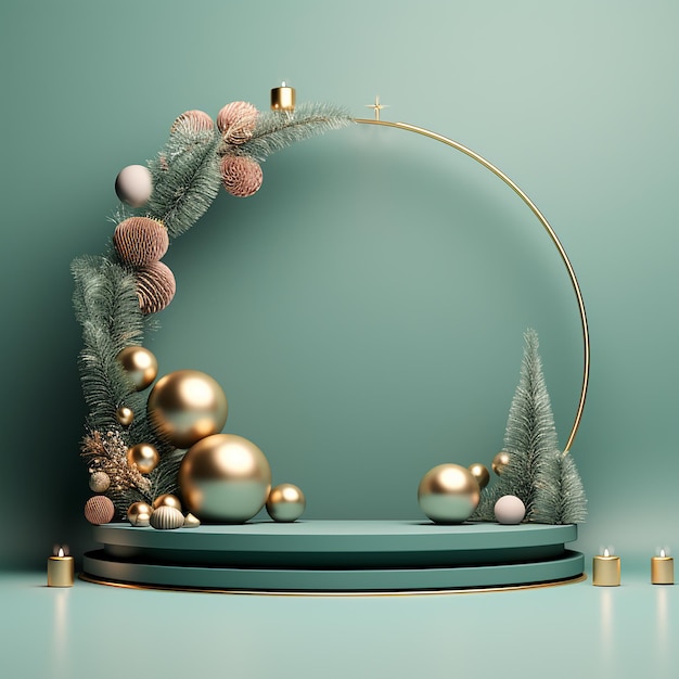 3D podium Christmas display Pastel green background Gold Christmas ornament on tree branch