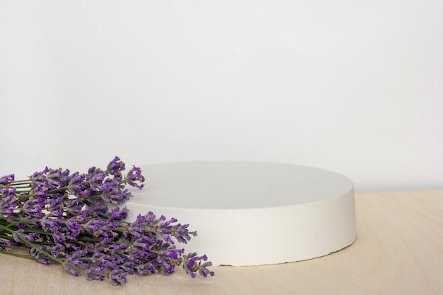 3D Podium cosmetic product presentation Abstract minimal geometrical form Cylinder. Lavender flower