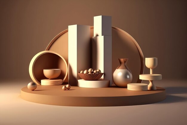 3D podium display on beige with levitation objects AI generation