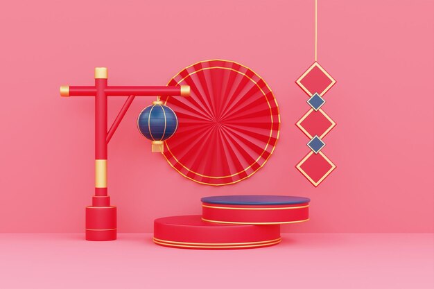 3D podium display for Chinese new year concept on red background Chinese Festivals Lunar CYN 2023 3d rendering