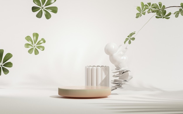 3D-подиум с зеленым и белым фоном с падающими зелеными листьями 3D-рендеринг
