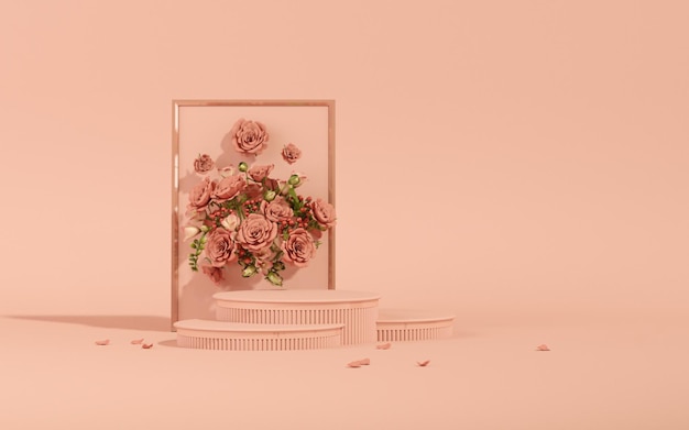 3D表彰台はバラの花とヤシの葉の3Dレンダリングでパステルベージュの背景を表示します