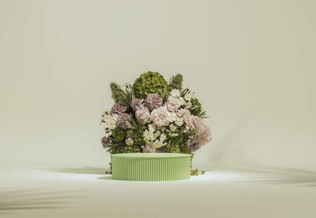 Display 3d podio sfondo verde pastello con peonie ortensie fiori e vasi decorativi