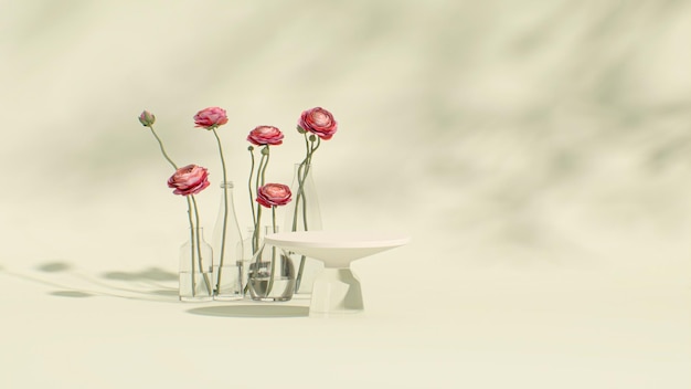 장미 꽃 핑크 꽃과 유리 꽃병과 3D 연단 디스플레이 파스텔 녹색 배경