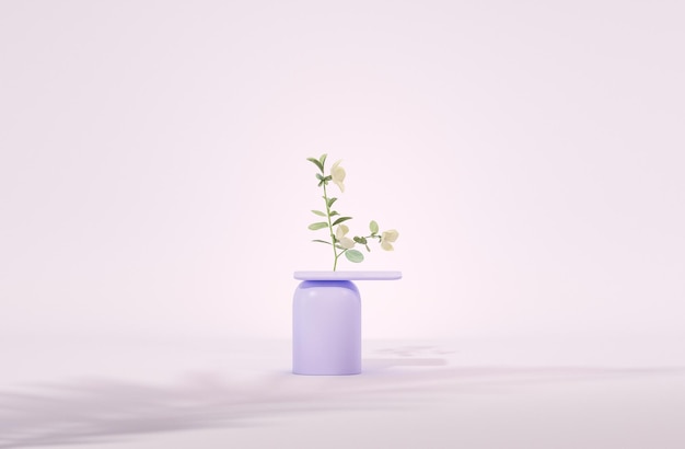 3D podium display pastel paars en zeer peri achtergrond met roze bloemen en palmblad 3d render