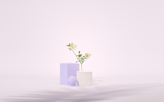 3D podium display pastel paars en zeer peri achtergrond met roze bloemen en palmblad 3d render