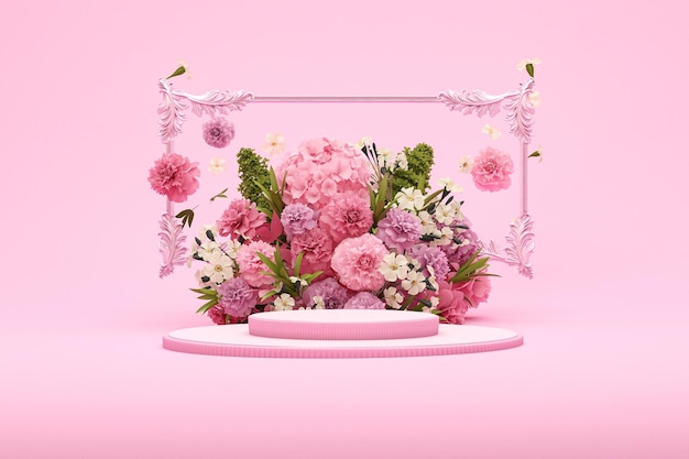 3D 연단은 수국 꽃과 빈티지 프레임 3d 렌더가 있는 파스텔 분홍색 배경을 표시합니다.