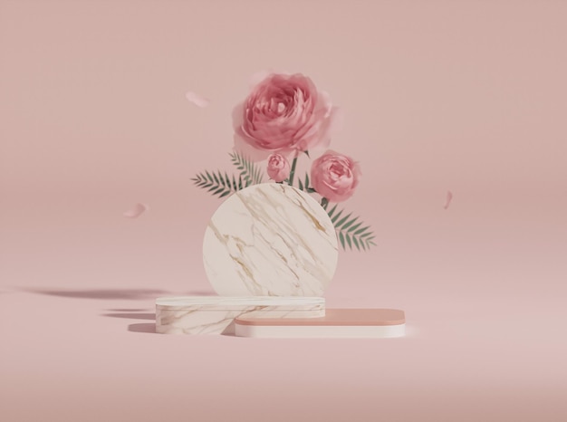 3D podium display on pastel pink background with rose flowers. Feminine copy space template.