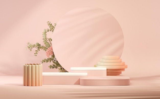 3D podium display pastel pink background with rose flowers and palm leaf shadow 3d rendering