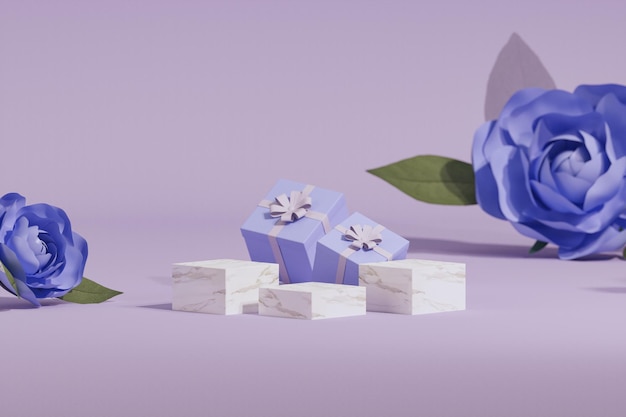 3D podium display on pastel purple background with floating gifts . 3d render