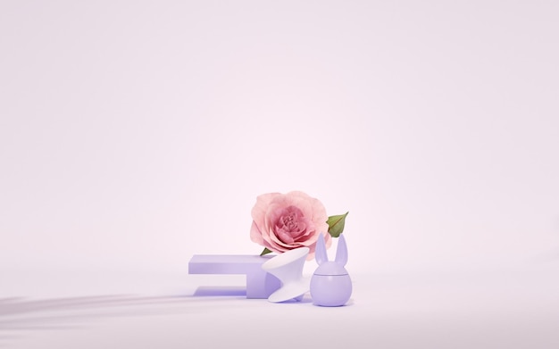 3D podium display pastel purple and very peri background with rose flowers and palm leaf 3d render