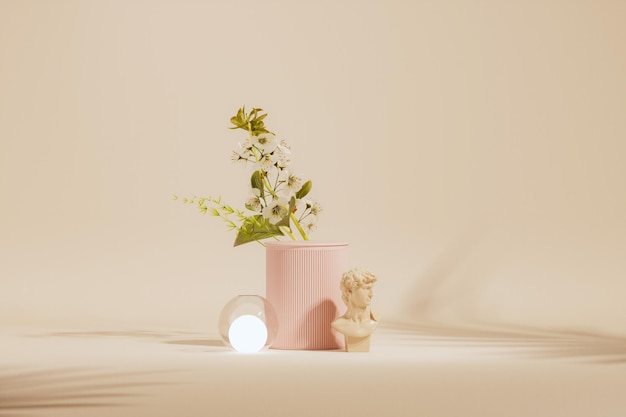 3D podium display pastel roze en beige achtergrond met bloemen en decoratieve vazen 3d render