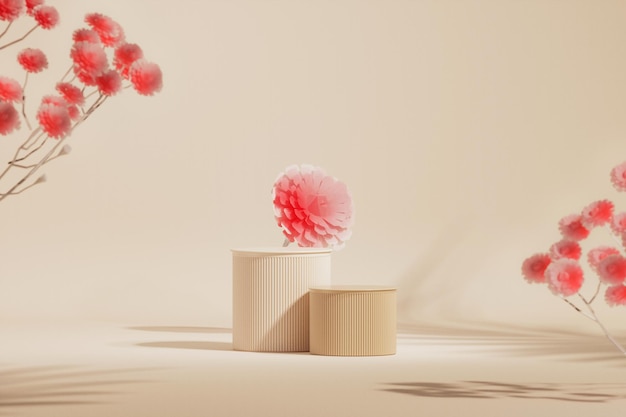 3D podium display pastel roze en beige achtergrond met bloemen en decoratieve vazen 3d render