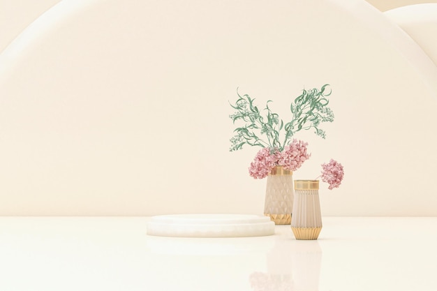 Display podio 3d, sfondo bianco pastello e verde con vaso in vetro, fiori e vasi decorativi