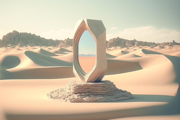 3D podium display product stone pedestal with a mirror placed in the desert Ai generated