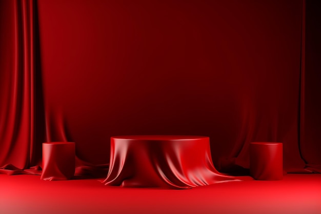 3Dポディウムディスプレイセット 赤い背景 クリスマス製品 赤い絹の布で化品のプレゼンテーション