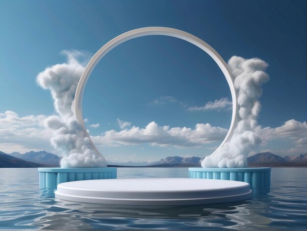 3D podium display on water with glowing gate and clouds