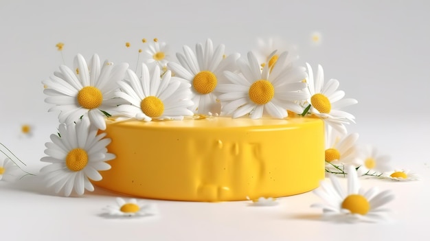 3D podium display with daisy field flowers levitating on white background Generative ai