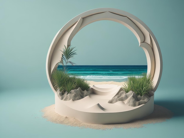 3D podium display with ocean on pastel background ai generative