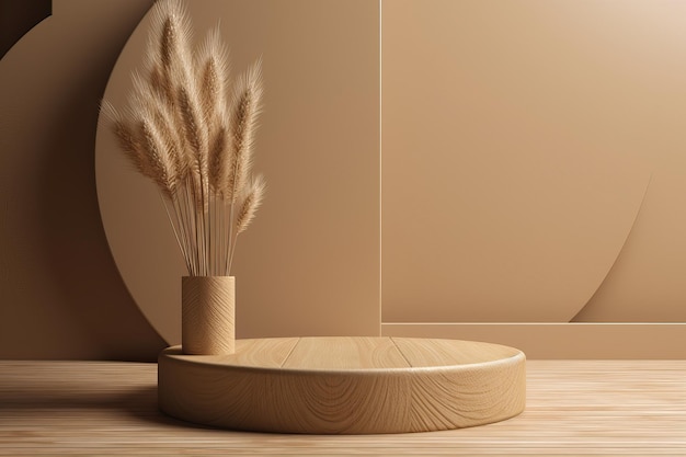 3D podium houten display op beige achtergrond en droog pampagras AI gegenereerd