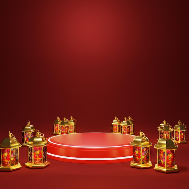 3D Podium lantern festival red theme red luxury concept high resolution