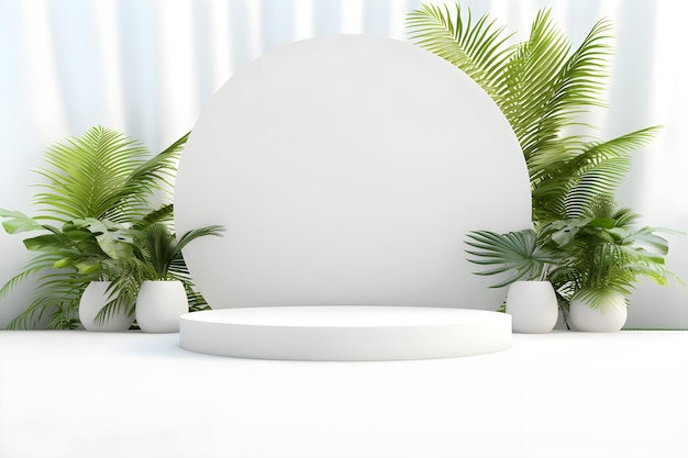 3D podium minimal mock up showcase with tropical plants palm trees Presentation cosmetic products branding Empty stage platform identity and packaging design ai generate