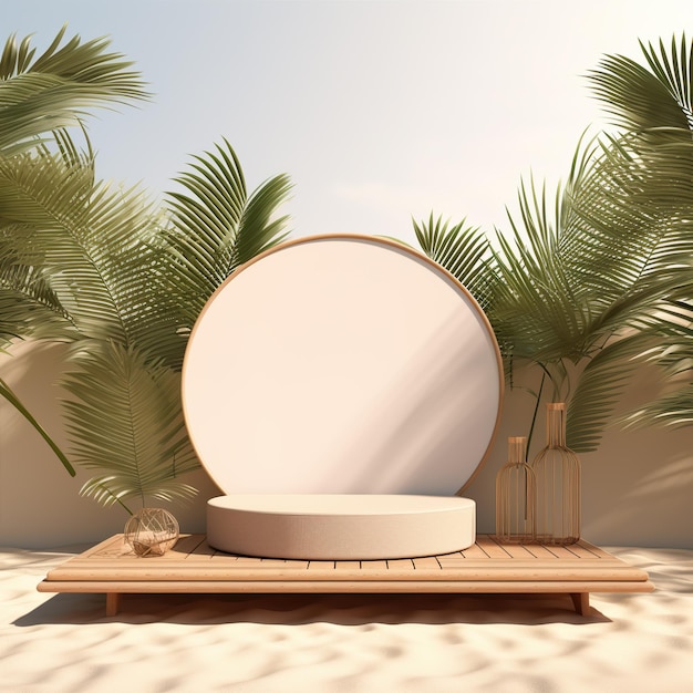 3D podium mockup display on beach sand in trope