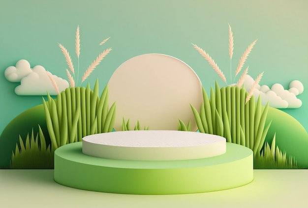 3d podium outdoor product promotion on a green grass background