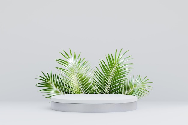 Display prodotto mockup piattaforma podio 3d con palme tropicali o foglie di cocco su sfondo bianco