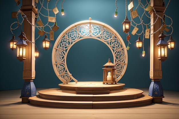 3d podium platofrom met hangende lantaarn voor eid mubarak achtergrond